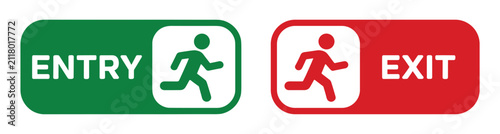 Obraz na płótnie Entry and Exit Sign: Clear directional icons indicating entry and exit points, with running human figures and distinct color coding for immediate understanding