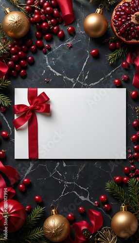 Empty luxury greeting card decorated with cranberries, pomegranate seeds, velvet ribbon, and matte gold ornament