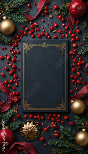 Festive card decorated with cranberries, pomegranate seeds, velvet ribbon, and matte gold ornament.