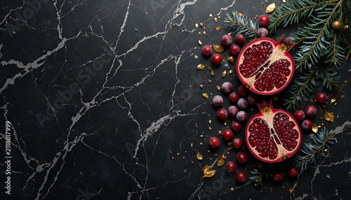 Polished black marble background with sliced pomegranate, matte cranberries, evergreen sprigs, and gold leaf