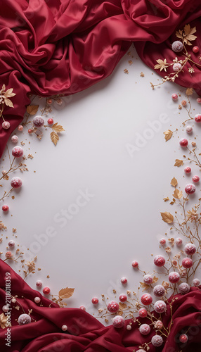 Festive background with flowing burgundy silk fabric and scattered matte cranberries and gold leaf