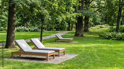 A park lounger visualization showing stylish outdoor loungers perfectly placed in a beautiful park setting for relaxation with elegant modern loungers made from high-quality wood situated in a serene