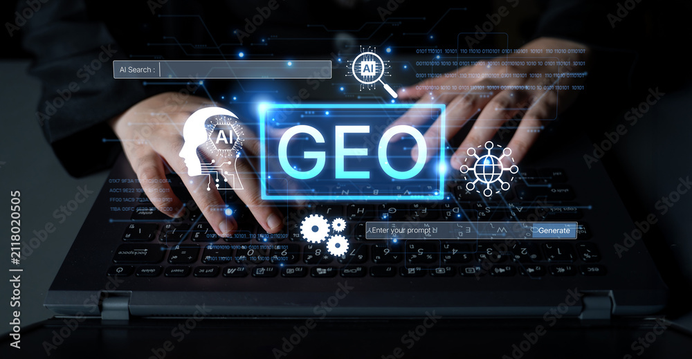 Fototapeta premium Digital marketing concept featuring GEO strategy. Generative AI search visual shows GEO interface integrating intelligence, logic, and AI input system for prompt tasks. Corpus