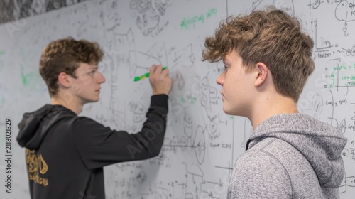 Student actively writing on a whiteboard filled with diagrams and graphs while the tutor observes and guides the problemsolving strategy in a learning environment.