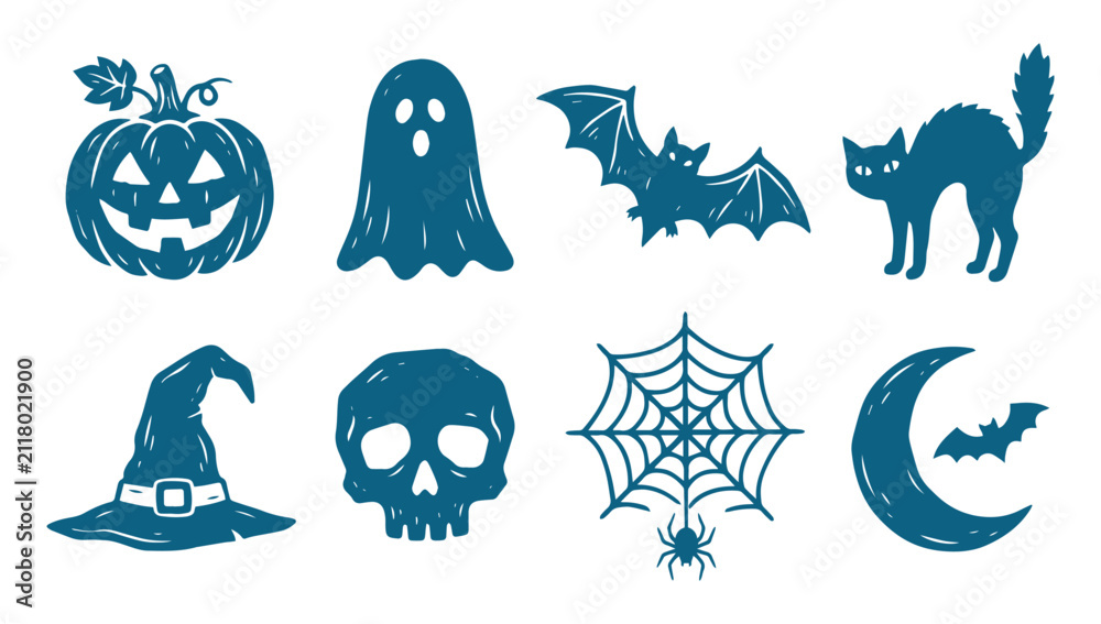 Fototapeta premium Set of Rustic Linocut Halloween Icons Featuring Cute Ghost Bat Pumpkin and Skull