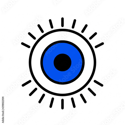 Minimalist blue eye icon with black pupil and eyelashes lines in a simple flat graphic vector style