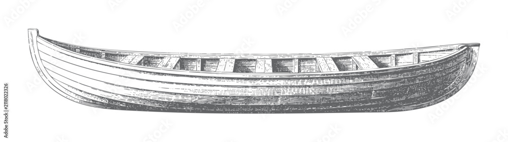 Fototapeta premium Wooden canoe illustrated in vintage engraving style.