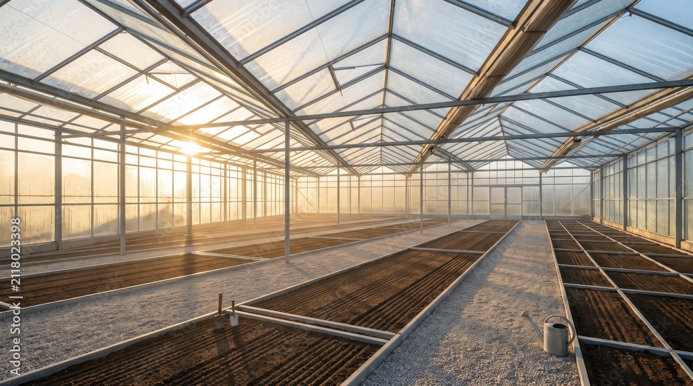 Obraz premium Empty greenhouse with rows of soil beds under glass roof