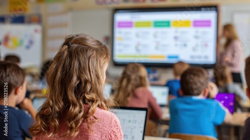 Medium shot of a tutor interacting with an AIpowered math learning dashboard highlighting personalized problem sets with blurred classroom background.