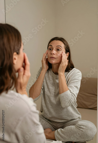 Woman in gray pajamas apply...