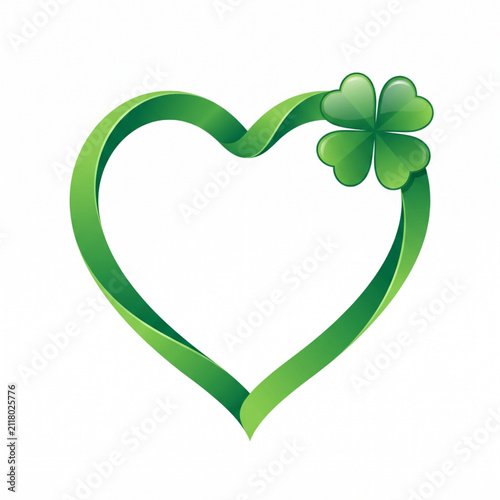 Green ribbon heart shape with a lucky four leaf clover symbol for saint patrick day holiday celebration