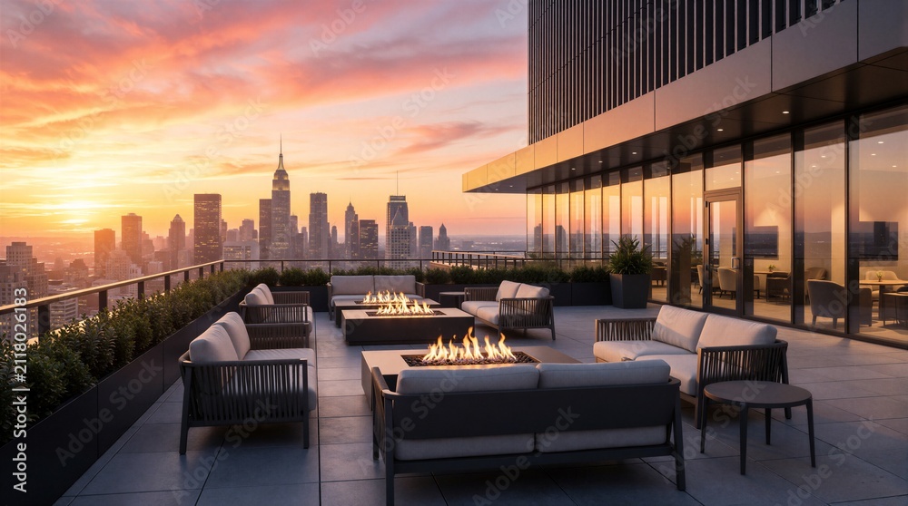 Obraz premium Modern corporate rooftop terrace with fire pit lounge area at sunset. Empty outdoor balcony features stylish furniture sofas, tables. Panoramic cityscape view with skyscrapers in background.