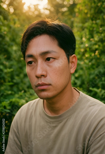 Young asian man with a serious expression looking away in a natural outdoor setting with green foliage and golden hour light