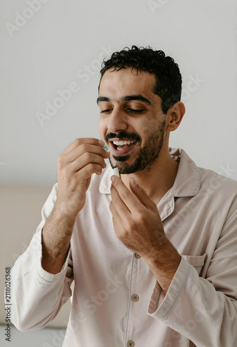 Smiling young man in pajama...