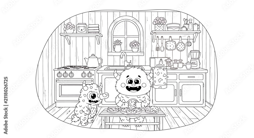 Fototapeta premium Adorable cartoon monsters enjoying a baking activity in a detailed kitchen, perfect as a black and white coloring page for kids.