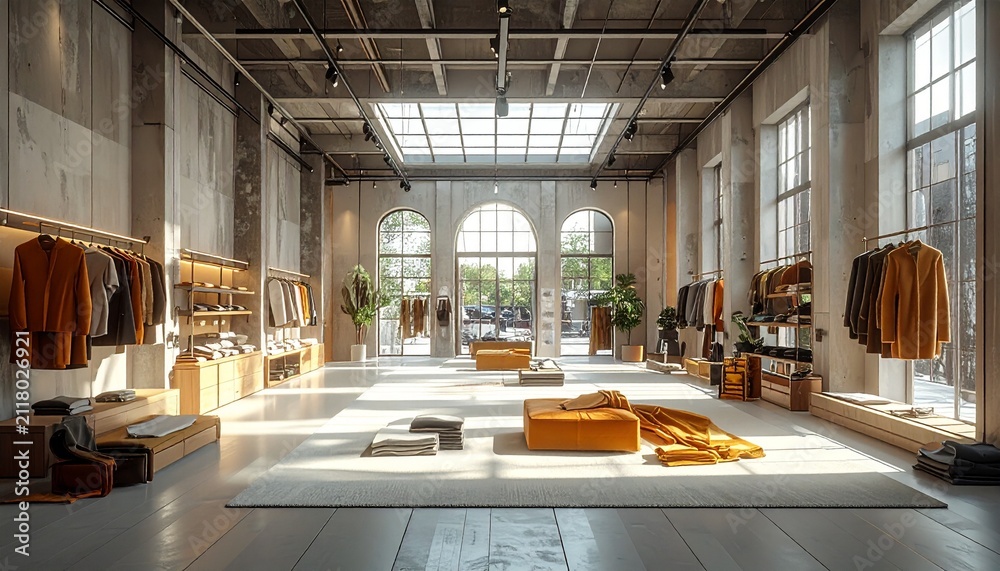 Fototapeta premium Bright and Spacious Clothing Store Interior with Natural Light.