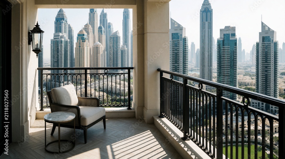 Obraz premium Modern penthouse balcony with soft armchair, small table overlooks huge city skyscrapers. Elegant terrace features metal railing, herringbone stone floor tiles. Luxury highrise apartment provides