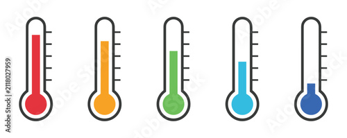 Cuadro en lienzo Thermometer Collection: A diverse collection of five thermometers, each displaying a different colored liquid level, symbolizing various temperature readings from hot to cold