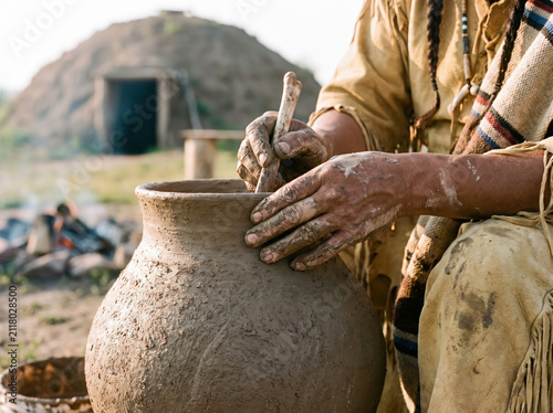 Potter shaping clay pot with hands and tool outdoors near traditional kiln, artisan crafting pottery with focused expression