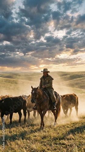 Cowboy horse cattle grassland sunset dust sky clouds rancher riding western outdoor landscape