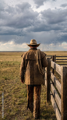 Cowboy walking ranch fence carry rope under cloudy sky in open field with brown leather jacket and hat, evoking rugged and calm western atmosphere