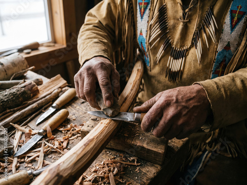 Woodworker carving wooden bow with knife and stone tool on rustic workbench with wood shavings and carving tools, traditional craftsmanship in natural light