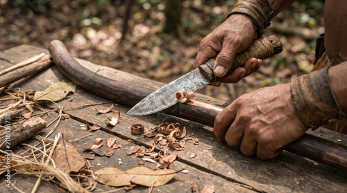 Woodworker carving wooden stick with knife on rustic wooden table outdoors, detailed hands shaping wood with natural light and forest background, craftsmanship and skill