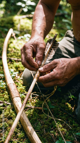 Hands preparing handmade arrow with feather fletching and wooden bow on mossy forest ground, showing skill and craftsmanship in traditional archery