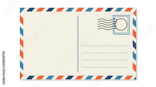 Vintage airmail postcard with colorful border and stamp