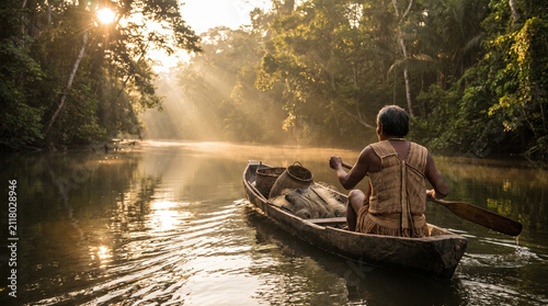 Tribe member paddling canoe river forest sunlight morning traditional basket nature water tropical indigenous wooden adventure exploration calm peaceful travel outdoor lifestyle culture