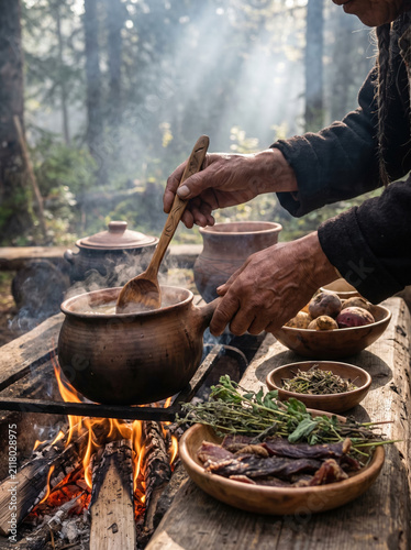 Tribe member preparing meal fire wooden spoon cooking pot outdoor forest natural ingredients fresh herbs dried meat