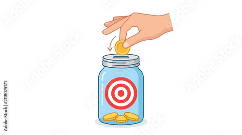 Hand dropping coin into glass jar with target symbol for saving money towards financial goals