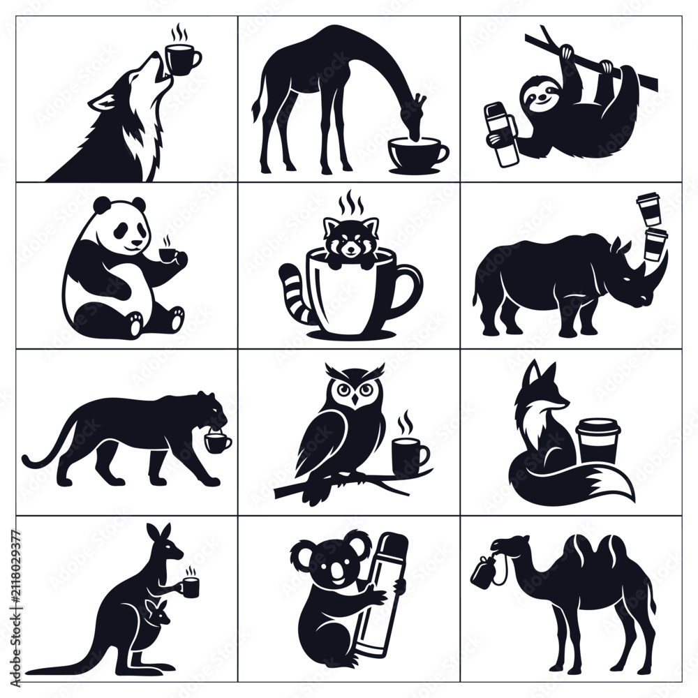 Fototapeta premium Fun set of animals holding coffee cups and thermoses in simple black and white style
