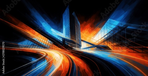 Abstract digital art shows futuristic city architecture. Dynamic lines in blue, orange create sense of motion. Glowing light streaks move through dark urban structures. High speed energy flows