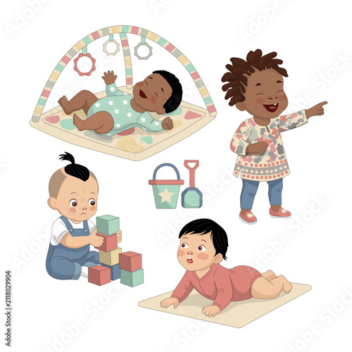 Cute vector collection of multicultural babies and toddlers playing, crawling, stacking blocks and smiling. Perfect for nursery products, children's books, education materials, parenting resources