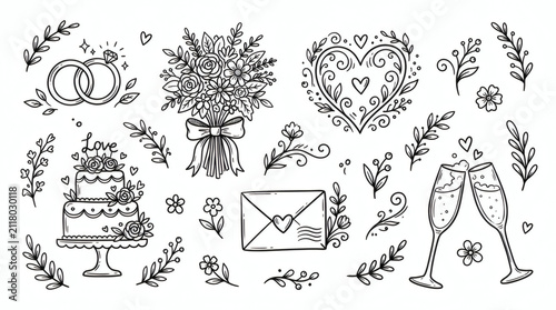 Set of playful hand drawn wedding illustrations. Doodle drawings of rings, bouquet, heart, cake, envelope, champagne glasses, and decorative floral elements. Clean retro line art, isolated on white 