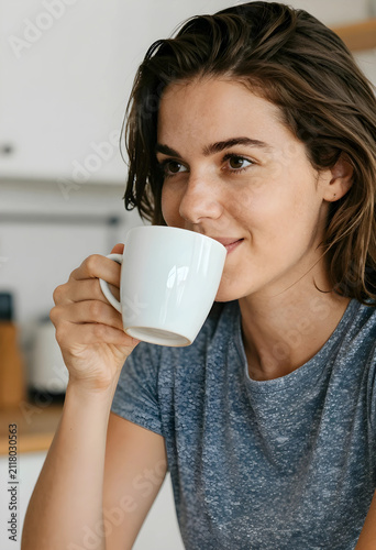 Young woman drinking coffee...