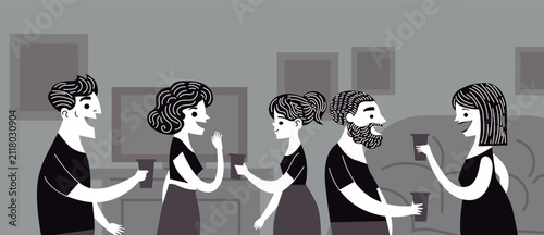 group of friends socializing at a lively party while talking and drinking together