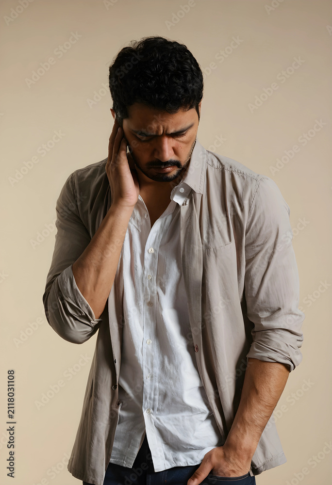 Fototapeta premium Young adult man with a pained expression holding his ear, suffering from headache or earache, isolated on a beige background