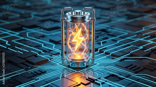 Futuristic high tech energy storage battery with glowing lightning bolt symbol on circuit board