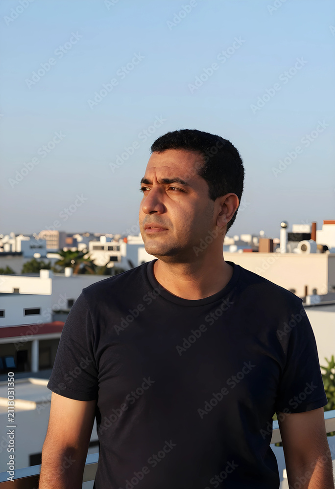Fototapeta premium Middle eastern man looking away with a serious expression on a rooftop at sunset, urban background, the urban background features city buildings and a clear sky