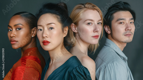 CINEMATIC FINE ART PORTRAIT OF FOUR DIVERSE MULTIETHNIC PEOPLE IN MINIMALIST CLOTHING ON A DARK GREY VINYL STUDIO BACKGROUND