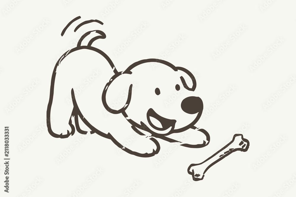 Fototapeta premium Cute Playful Puppy with Bone Hand Drawn Grunge Doodle Illustration