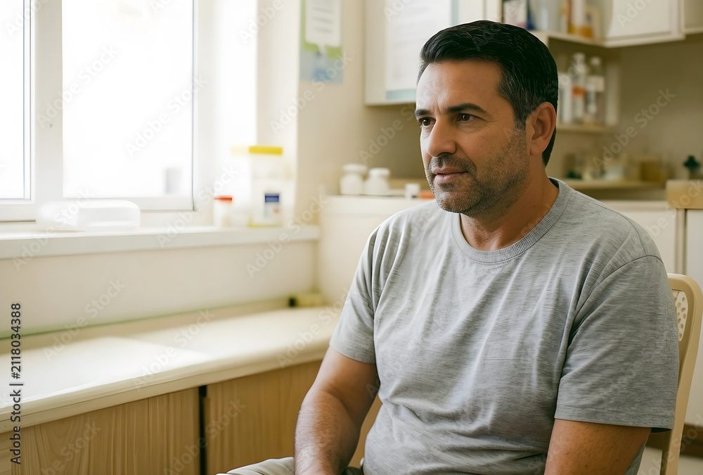 Fototapeta premium Mature man with dark hair and stubble sitting in a room with a window, looking away thoughtfully, the man wears a grey t-shirt