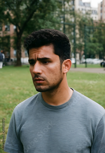 Young adult man with a serious expression standing outdoors in a park setting during the daytime, the mans face shows a range of emotions, including concern and contemplation