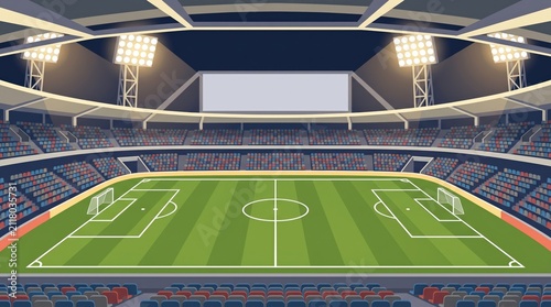 Empty Soccer Stadium with Bright Lights and Green Field