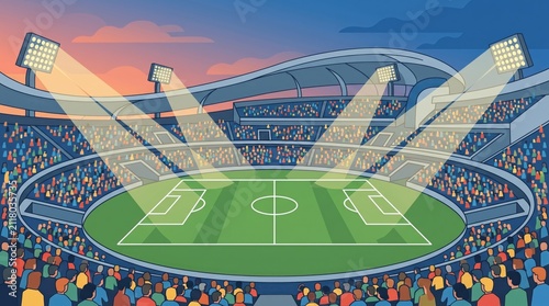 Soccer stadium with crowd and bright lights at sunset
