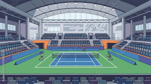 Indoor Tennis Court With Spectator Seating And Players During Match