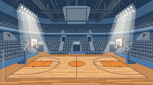 Empty Basketball Arena with Bright Lights and Seating