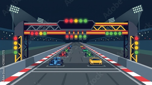 Formula 1 Race Cars Lined Up At Starting Grid With Lights On